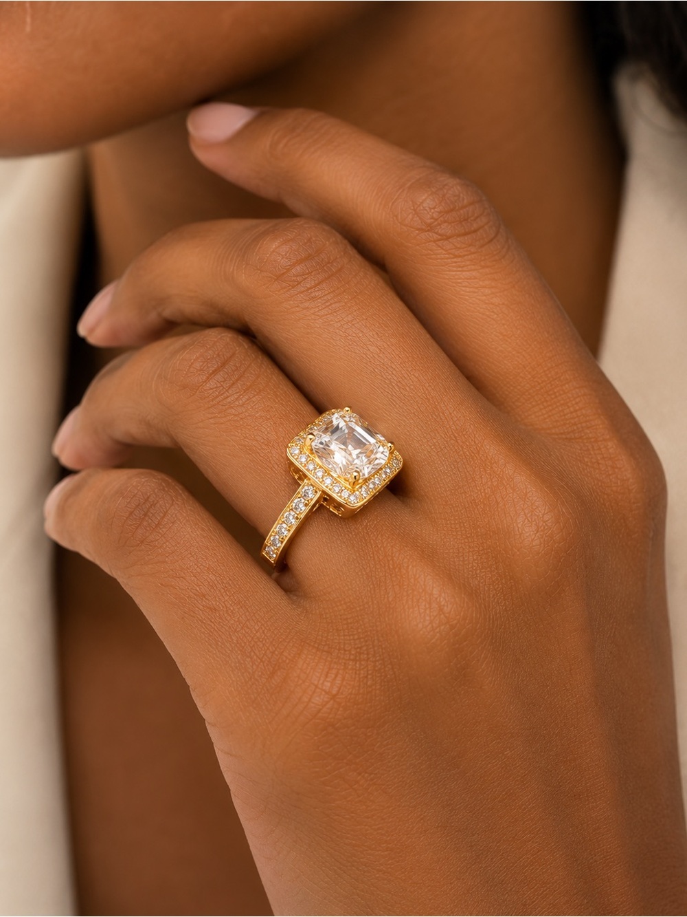 18K Gold filled Halo Cushion-Cut Engagement Ring with AAA CZ. Size 8.